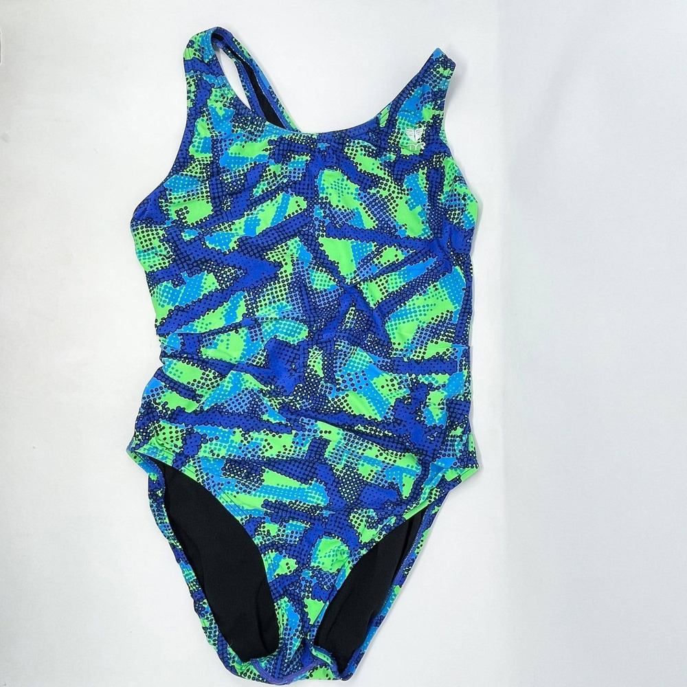 TYR Vesuvius Maxfit Onepiece Swimsuit Wms 38 (L/XL) Blue Green Geo Dot Print